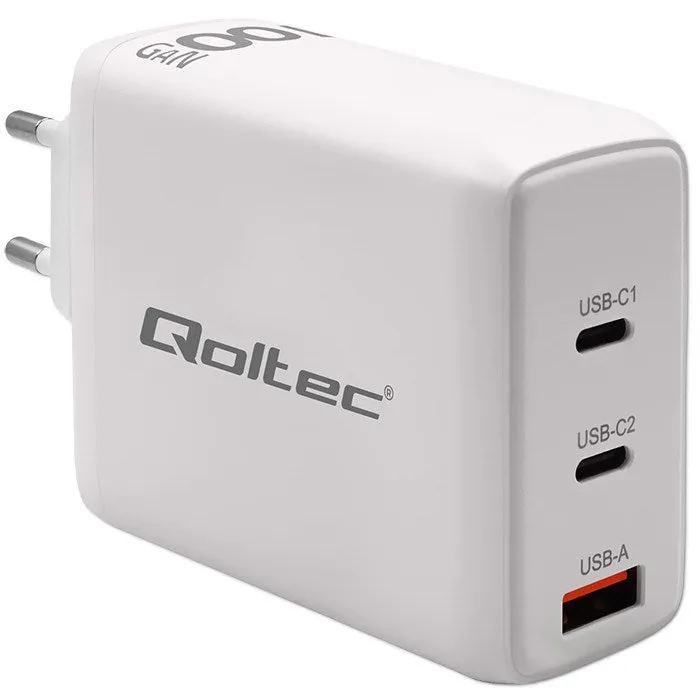 Qoltec 100W Gan Wall Charger | 5-20V | 1.5-5A | 2 X Usb-C Pd | 1 X Usb Qc 3.0 | White