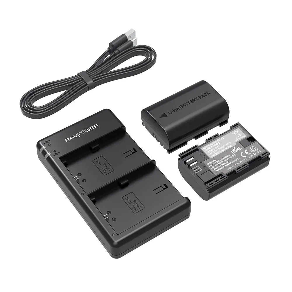 RAVPower LP-E6 LP-E6N Battery Charger and 2-Pack Rechargeable Li-ion Batteries for Canon 5D Mark II III IV, 80D, 70D, 60D, 6D, EOS 5Ds, 5D2, 5D3, 5DSR, 5D4 (2-Pack, Dual USB, 2000mAh) E6