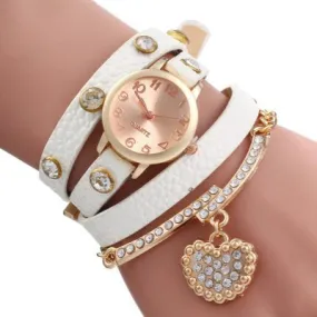 Rhinestone Heart Pendant Women Bracelet Quartz Wrist Watch