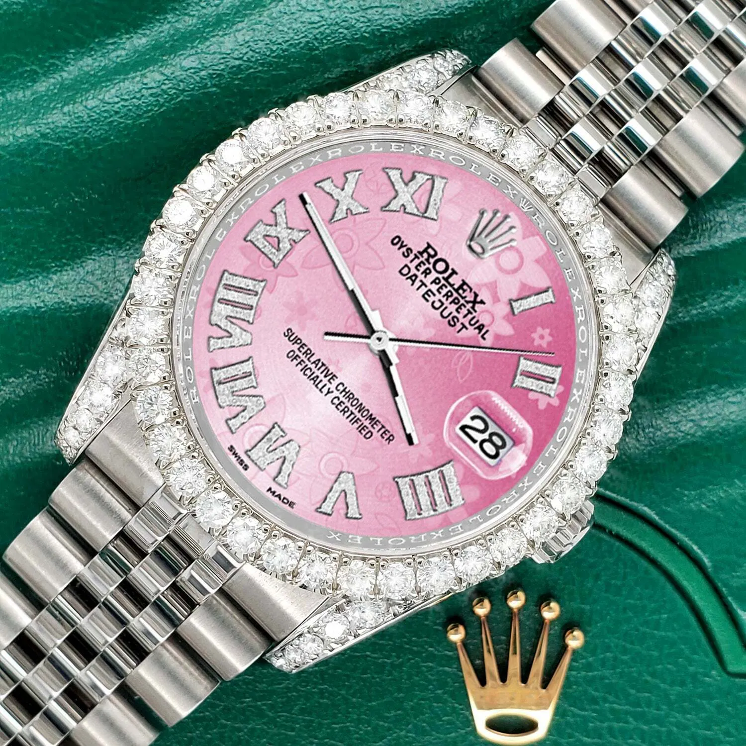 Rolex Datejust  36mm 4.2CT Diamond Bezel/Lugs/Pink Floral Dial Steel Watch TFJ-142508667