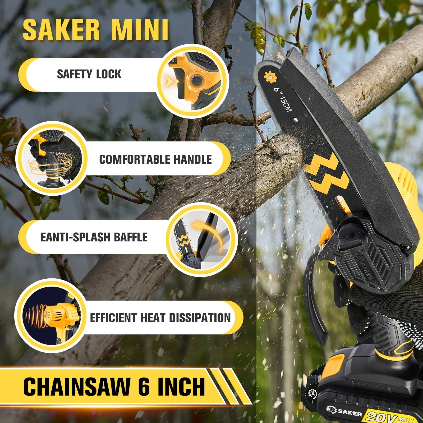 SAKER® Mini Chainsaw Cordless 6-Inch