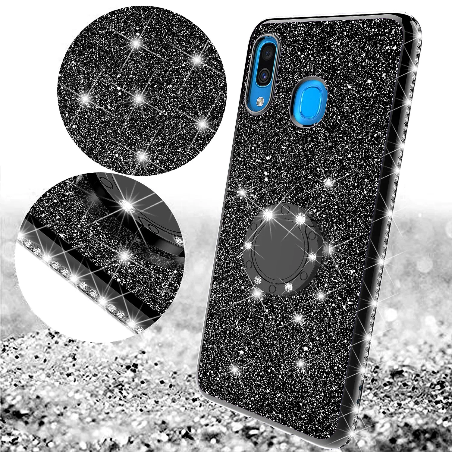 Samsung Galaxy A20 Case, Glitter Cute Phone Case Girls with Kickstand,Bling Diamond Rhinestone Bumper Ring Stand Sparkly Luxury Clear Thin Soft Protective Samsung Galaxy A20 Case for Girl Women - Black