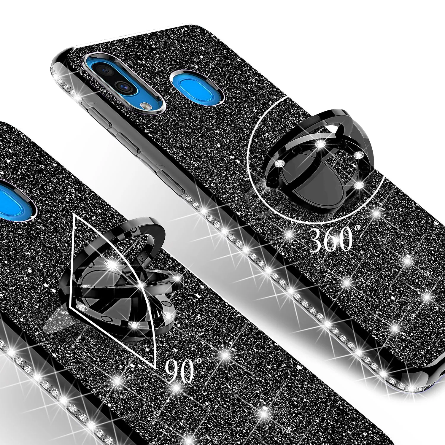 Samsung Galaxy A20 Case, Glitter Cute Phone Case Girls with Kickstand,Bling Diamond Rhinestone Bumper Ring Stand Sparkly Luxury Clear Thin Soft Protective Samsung Galaxy A20 Case for Girl Women - Black