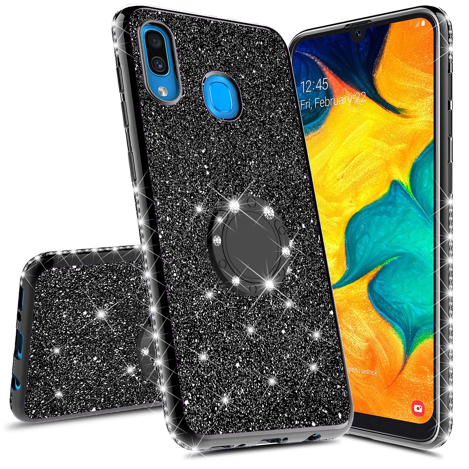 Samsung Galaxy A20 Case, Glitter Cute Phone Case Girls with Kickstand,Bling Diamond Rhinestone Bumper Ring Stand Sparkly Luxury Clear Thin Soft Protective Samsung Galaxy A20 Case for Girl Women - Black