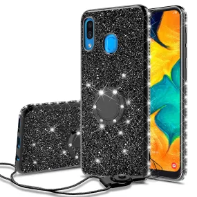 Samsung Galaxy A20 Case, Glitter Cute Phone Case Girls with Kickstand,Bling Diamond Rhinestone Bumper Ring Stand Sparkly Luxury Clear Thin Soft Protective Samsung Galaxy A20 Case for Girl Women - Black