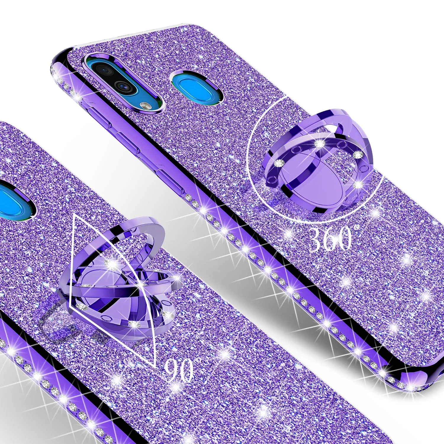 Samsung Galaxy A20 Case, Glitter Cute Phone Case Girls with Kickstand,Bling Diamond Rhinestone Bumper Ring Stand Sparkly Luxury Clear Thin Soft Protective Samsung Galaxy A20 Case for Girl Women - Purple