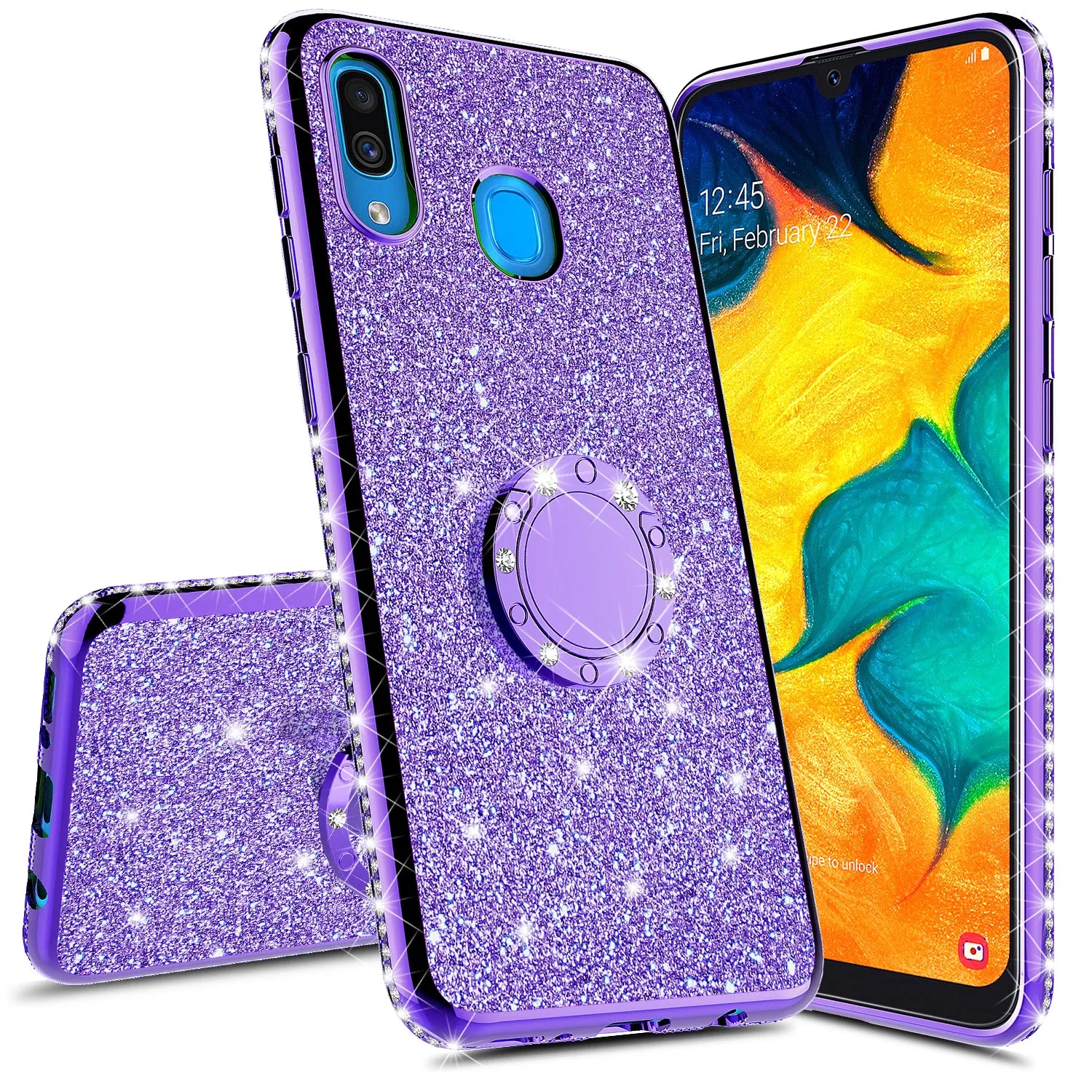 Samsung Galaxy A20 Case, Glitter Cute Phone Case Girls with Kickstand,Bling Diamond Rhinestone Bumper Ring Stand Sparkly Luxury Clear Thin Soft Protective Samsung Galaxy A20 Case for Girl Women - Purple