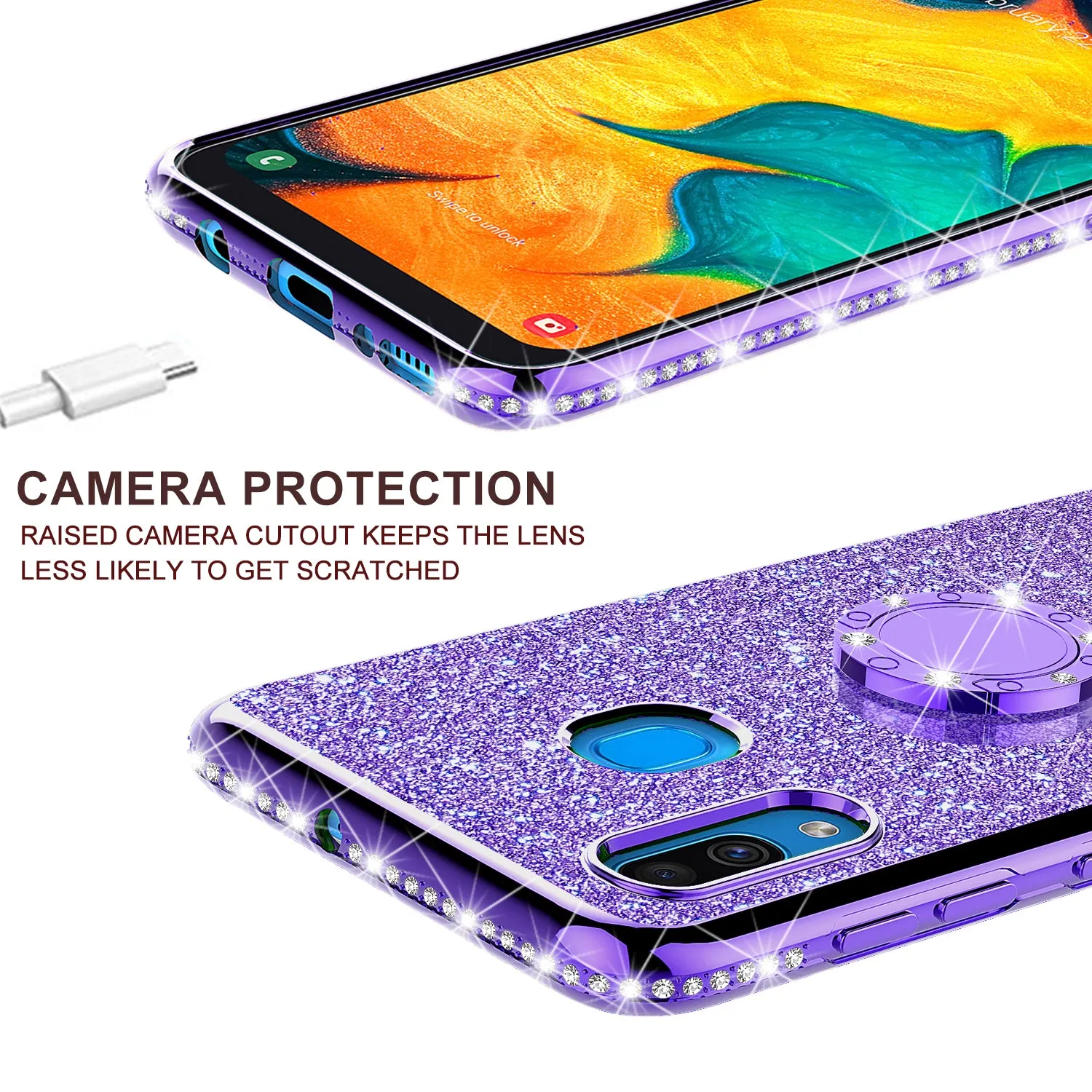 Samsung Galaxy A20 Case, Glitter Cute Phone Case Girls with Kickstand,Bling Diamond Rhinestone Bumper Ring Stand Sparkly Luxury Clear Thin Soft Protective Samsung Galaxy A20 Case for Girl Women - Purple