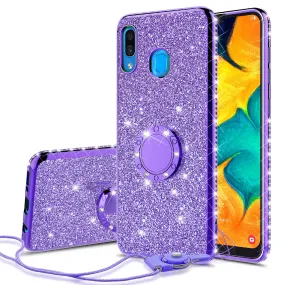 Samsung Galaxy A20 Case, Glitter Cute Phone Case Girls with Kickstand,Bling Diamond Rhinestone Bumper Ring Stand Sparkly Luxury Clear Thin Soft Protective Samsung Galaxy A20 Case for Girl Women - Purple