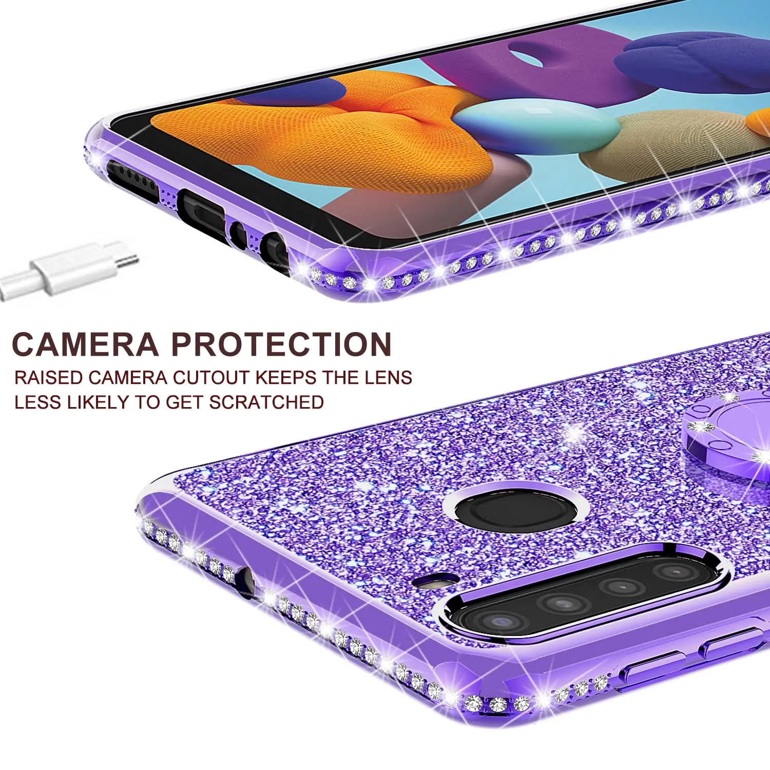 Samsung Galaxy A21 Case, Glitter Cute Phone Case Girls with Kickstand,Bling Diamond Rhinestone Bumper Ring Stand Sparkly Luxury Clear Thin Soft Protective Samsung Galaxy A21 Case for Girl Women - Purple