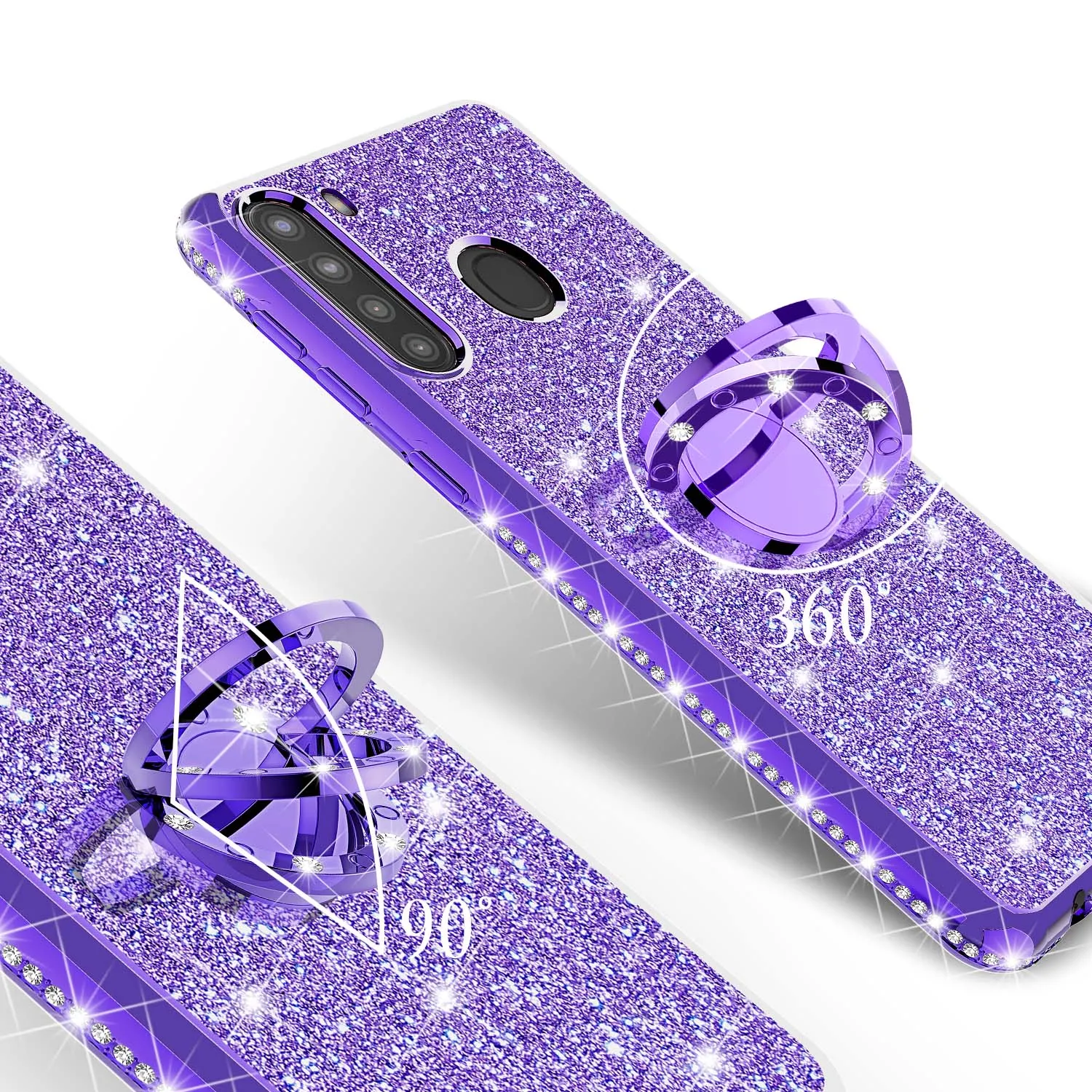 Samsung Galaxy A21 Case, Glitter Cute Phone Case Girls with Kickstand,Bling Diamond Rhinestone Bumper Ring Stand Sparkly Luxury Clear Thin Soft Protective Samsung Galaxy A21 Case for Girl Women - Purple