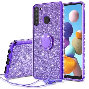 Samsung Galaxy A21 Case, Glitter Cute Phone Case Girls with Kickstand,Bling Diamond Rhinestone Bumper Ring Stand Sparkly Luxury Clear Thin Soft Protective Samsung Galaxy A21 Case for Girl Women - Purple