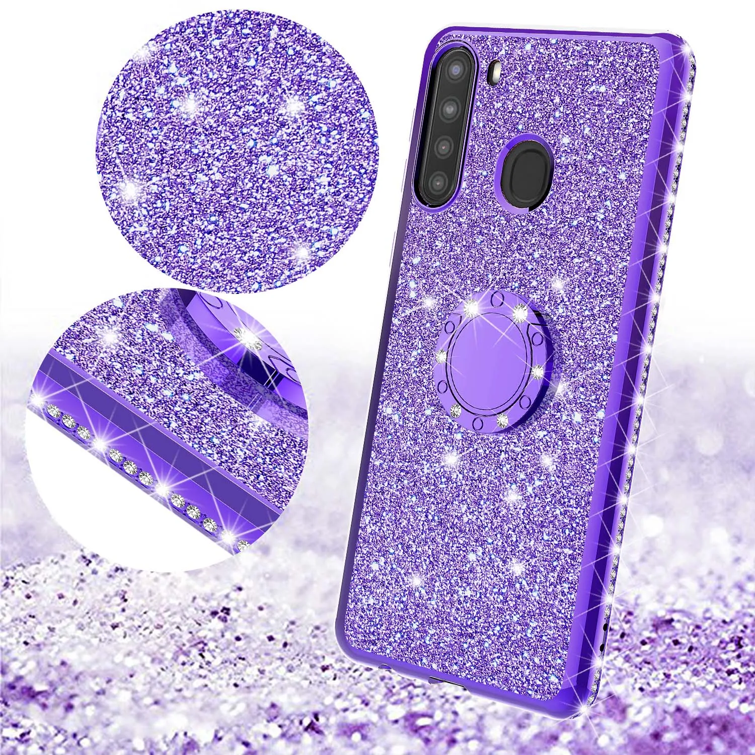 Samsung Galaxy A21 Case, Glitter Cute Phone Case Girls with Kickstand,Bling Diamond Rhinestone Bumper Ring Stand Sparkly Luxury Clear Thin Soft Protective Samsung Galaxy A21 Case for Girl Women - Purple