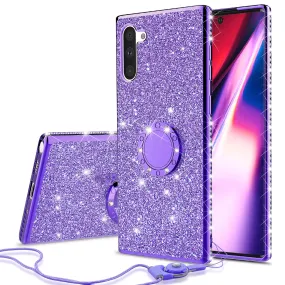 Samsung Galaxy Note 10 Case, Glitter Cute Phone Case Girls with Kickstand,Bling Diamond Rhinestone Bumper Ring Stand Sparkly Luxury Clear Thin Soft Protective Samsung Galaxy Note 10 Case for Girl Women - Purple