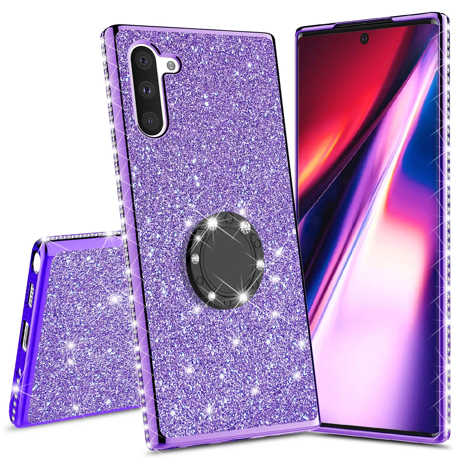 Samsung Galaxy Note 10 Plus Case, Glitter Cute Phone Case Girls with Kickstand,Bling Diamond Rhinestone Bumper Ring Stand Sparkly Luxury Clear Thin Soft Protective Samsung Galaxy Note 10 Plus Case for Girl Women - Purple