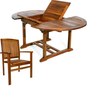 Teak 5-Piece Oval Extension Dining Set, Table Extends 48"/72",  Seats 6-8 People Includes Stacking Chairs.