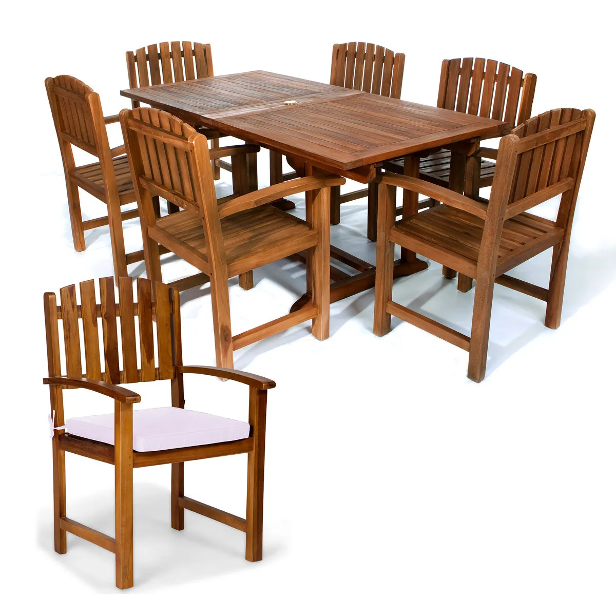 Teak 7-Piece Butterfly Dining Set, Table Extends 72", 83" & 95", Seats 8/10 People, Includes Dining Chairs.