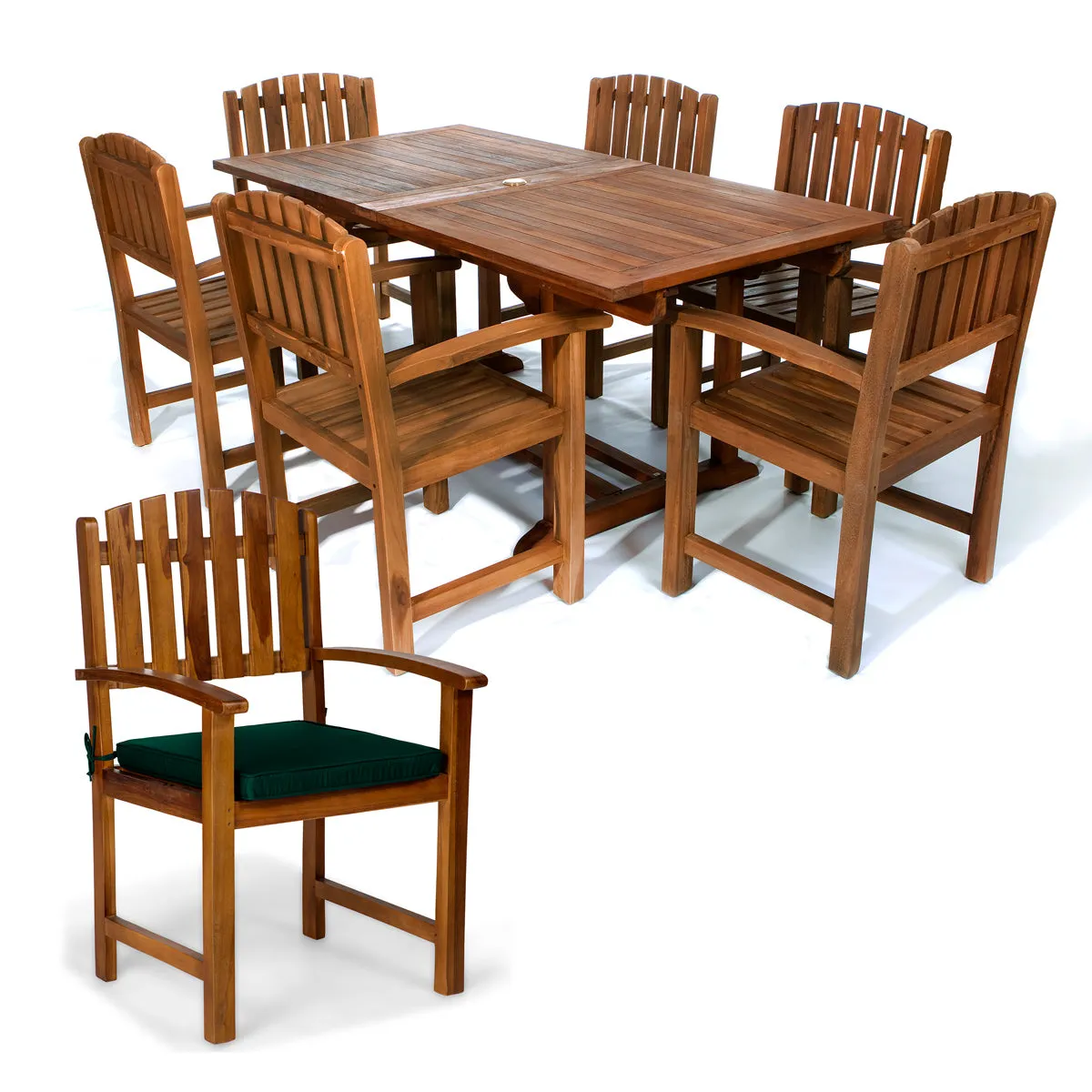 Teak 7-Piece Butterfly Dining Set, Table Extends 72", 83" & 95", Seats 8/10 People, Includes Dining Chairs.