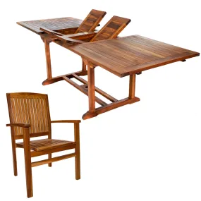 Teak 7-Piece Butterfly Leaf Dining Set, Table Extends 72", 83" & 95", Seats 8/10 People, Includes Stacking Chairs