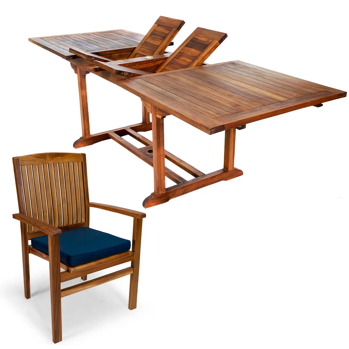 Teak 7-Piece Butterfly Leaf Dining Set, Table Extends 72", 83" & 95", Seats 8/10 People, Includes Stacking Chairs