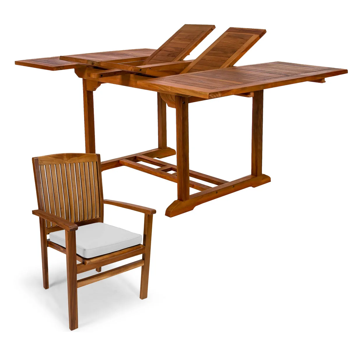 Teak 7-Piece Butterfly Leaf Dining Set, Table Extends 72", 83" & 95", Seats 8/10 People, Includes Stacking Chairs