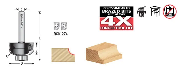 Tech Cove Insert Router Bit | 1⁄4 Radius x 1 Dia x 1⁄2 x 1⁄4" Shank | RC-49104 | 738685091043