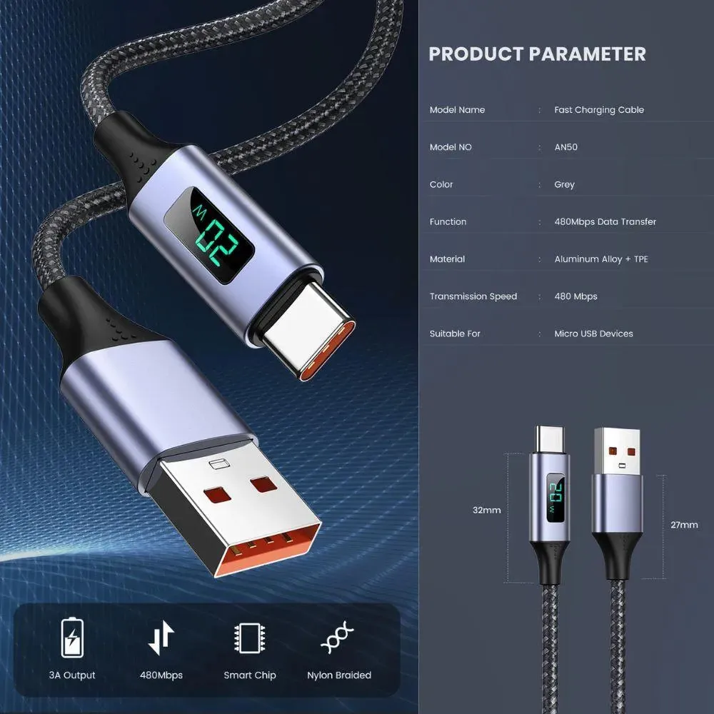 TOPK AN50 USB-C Cable with Volt Amp Display Data Fast Charge for Samsung, Xiaomi, LG, HTC