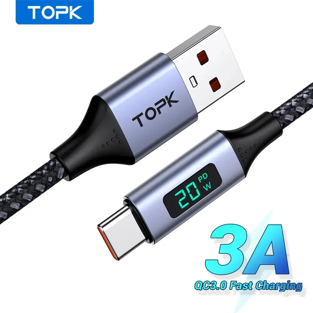 TOPK AN50 USB-C Cable with Volt Amp Display Data Fast Charge for Samsung, Xiaomi, LG, HTC