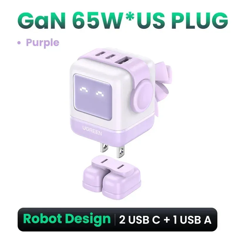 UGREEN 30W-65W Robot Design GaN Charger -  Multi-Port  Simultaneous & Fast Charging PD3.0 Charger, UAS Plug & Compatibility with All Brands of Gadgets - Elegant Gift for All