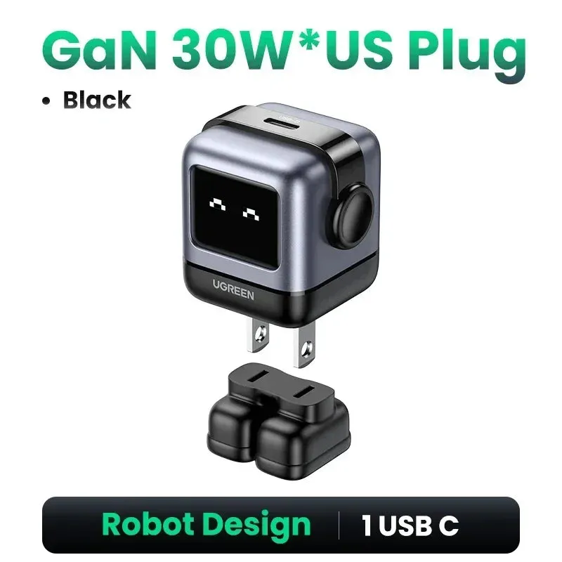 UGREEN 30W-65W Robot Design GaN Charger -  Multi-Port  Simultaneous & Fast Charging PD3.0 Charger, UAS Plug & Compatibility with All Brands of Gadgets - Elegant Gift for All