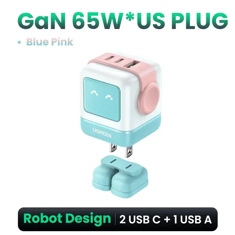 UGREEN 30W-65W Robot Design GaN Charger -  Multi-Port  Simultaneous & Fast Charging PD3.0 Charger, UAS Plug & Compatibility with All Brands of Gadgets - Elegant Gift for All