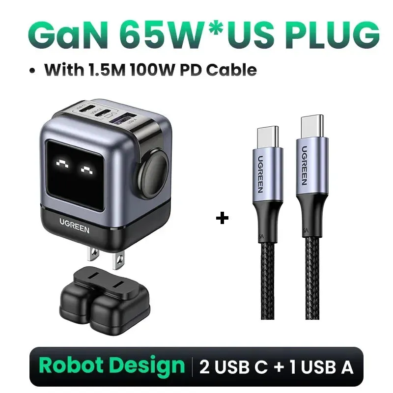 UGREEN 30W-65W Robot Design GaN Charger -  Multi-Port  Simultaneous & Fast Charging PD3.0 Charger, UAS Plug & Compatibility with All Brands of Gadgets - Elegant Gift for All