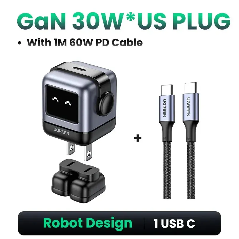 UGREEN 30W-65W Robot Design GaN Charger -  Multi-Port  Simultaneous & Fast Charging PD3.0 Charger, UAS Plug & Compatibility with All Brands of Gadgets - Elegant Gift for All