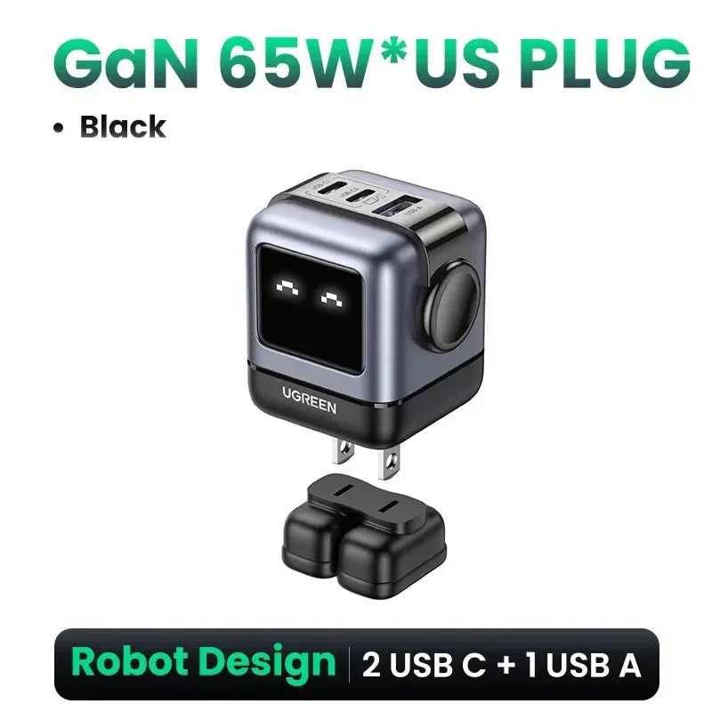 UGREEN 30W-65W Robot Design GaN Charger -  Multi-Port  Simultaneous & Fast Charging PD3.0 Charger, UAS Plug & Compatibility with All Brands of Gadgets - Elegant Gift for All