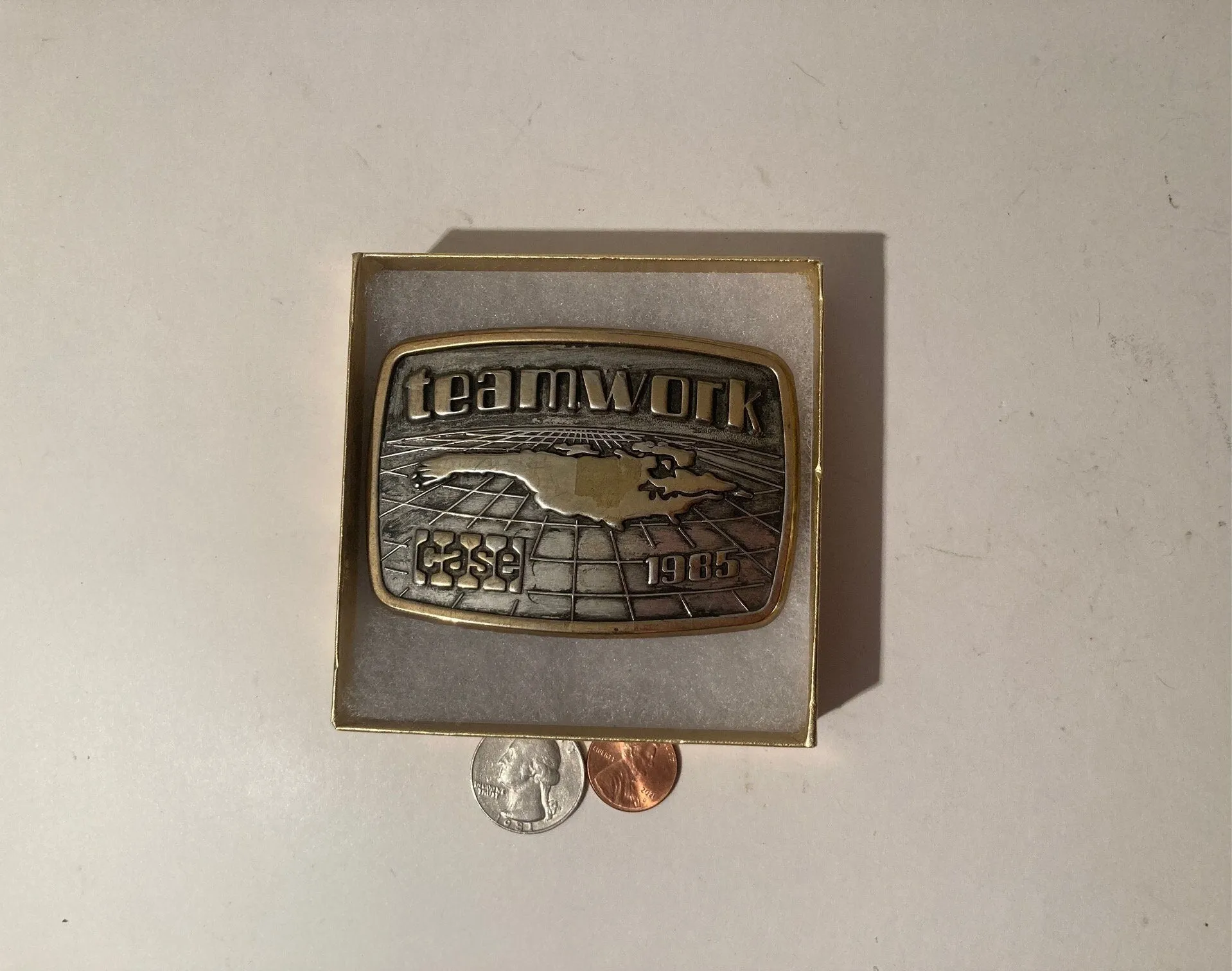 Vintage 1985 Metal Belt Buckle, Teamwork, Case, Farming, Tractor, Farmers, 3 1/2" x 2 1/2", Heavy Duty, Quality, Thick Metal, Made in USA