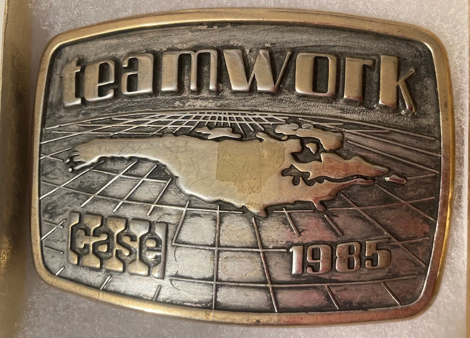 Vintage 1985 Metal Belt Buckle, Teamwork, Case, Farming, Tractor, Farmers, 3 1/2" x 2 1/2", Heavy Duty, Quality, Thick Metal, Made in USA