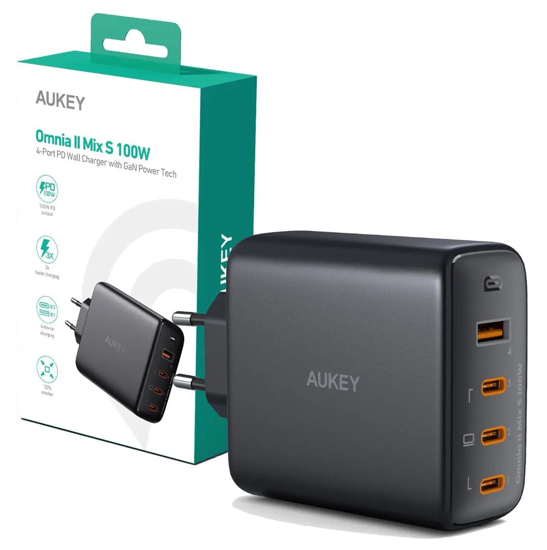 Wall Charger Aukey Pa-B7s Omnia Ii Gan 3Xusb-C 1Xusb-A Pd 3.0 Pps 100W