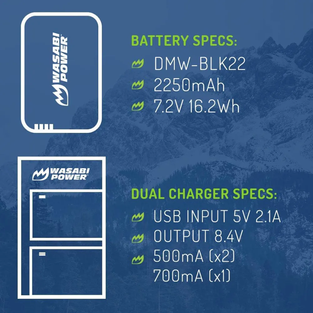 Wasabi Power (2-Pack) DMW-BLK22 Battery & Charger for Panasonic Lumix G95 G90 G85 GH5 GH5 II G100 G9 Digital Cameras | DMW BLK22 DMWBLK22