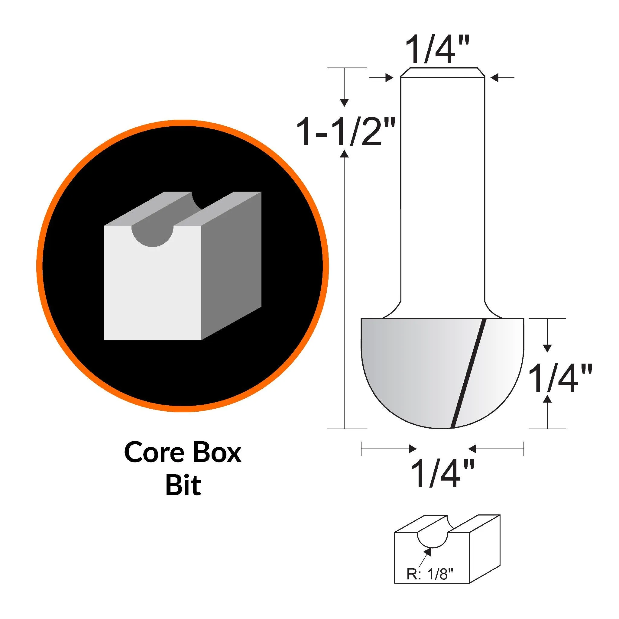 WEN RB201CB 1/4 in. Core Box Carbide-Tipped Router Bit with 1/4 in. Shank