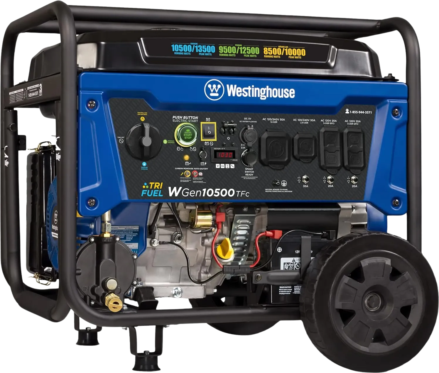 Westinghouse WGen10500TFc Tri-Fuel Generator 10500W/13500W 50 Amp Remote Start with CO Sensor New