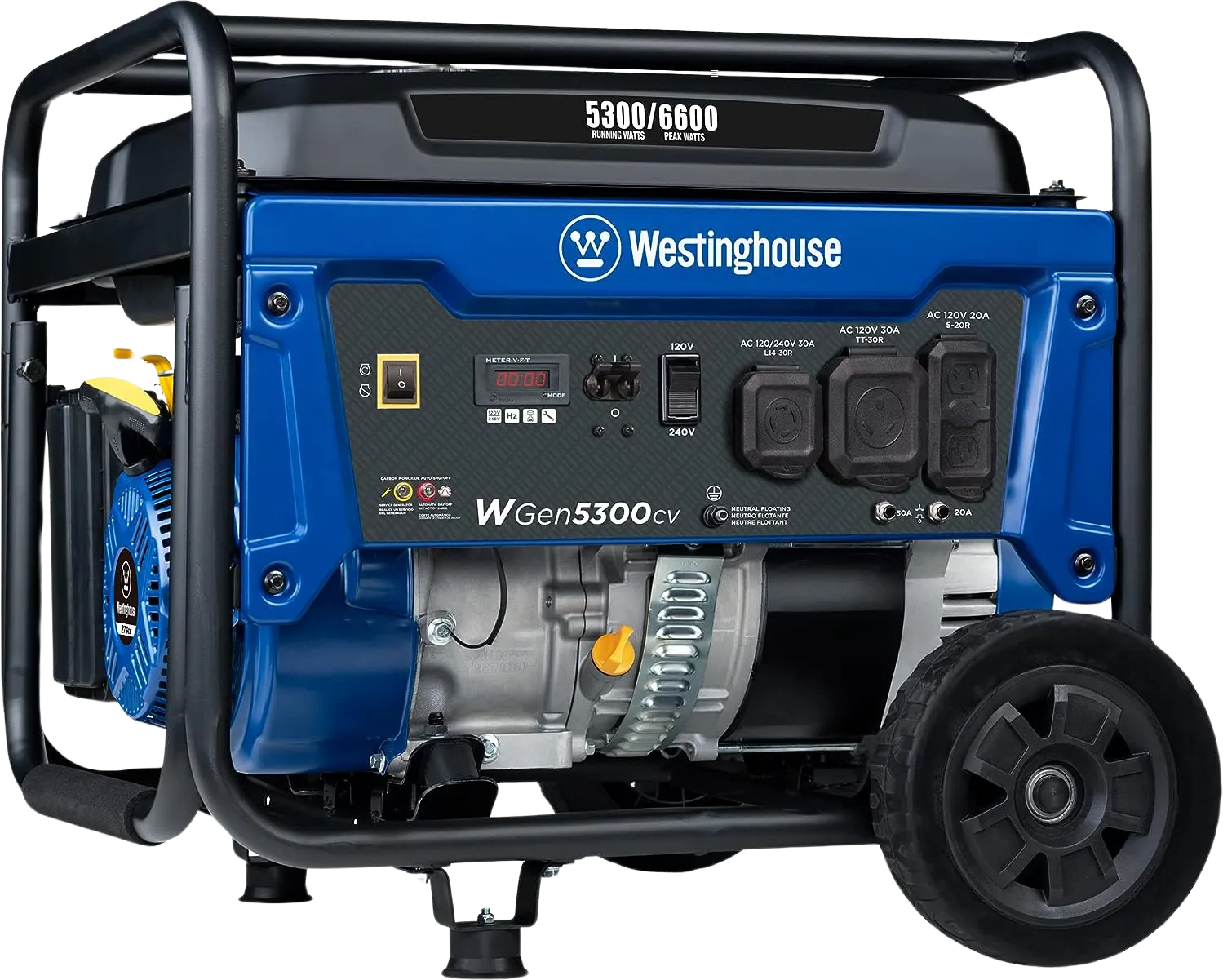 Westinghouse WGen5300cv Generator 5300W/6600W 30 Amp Recoil Start Gas with CO Sensor New