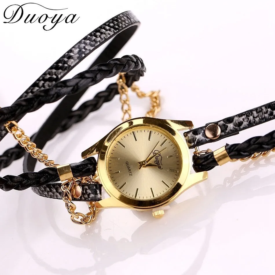 Women's Casual Vintage Multilayer Wristwatch Weave Wrap Rivet Leather Bracelet Wrist Watch