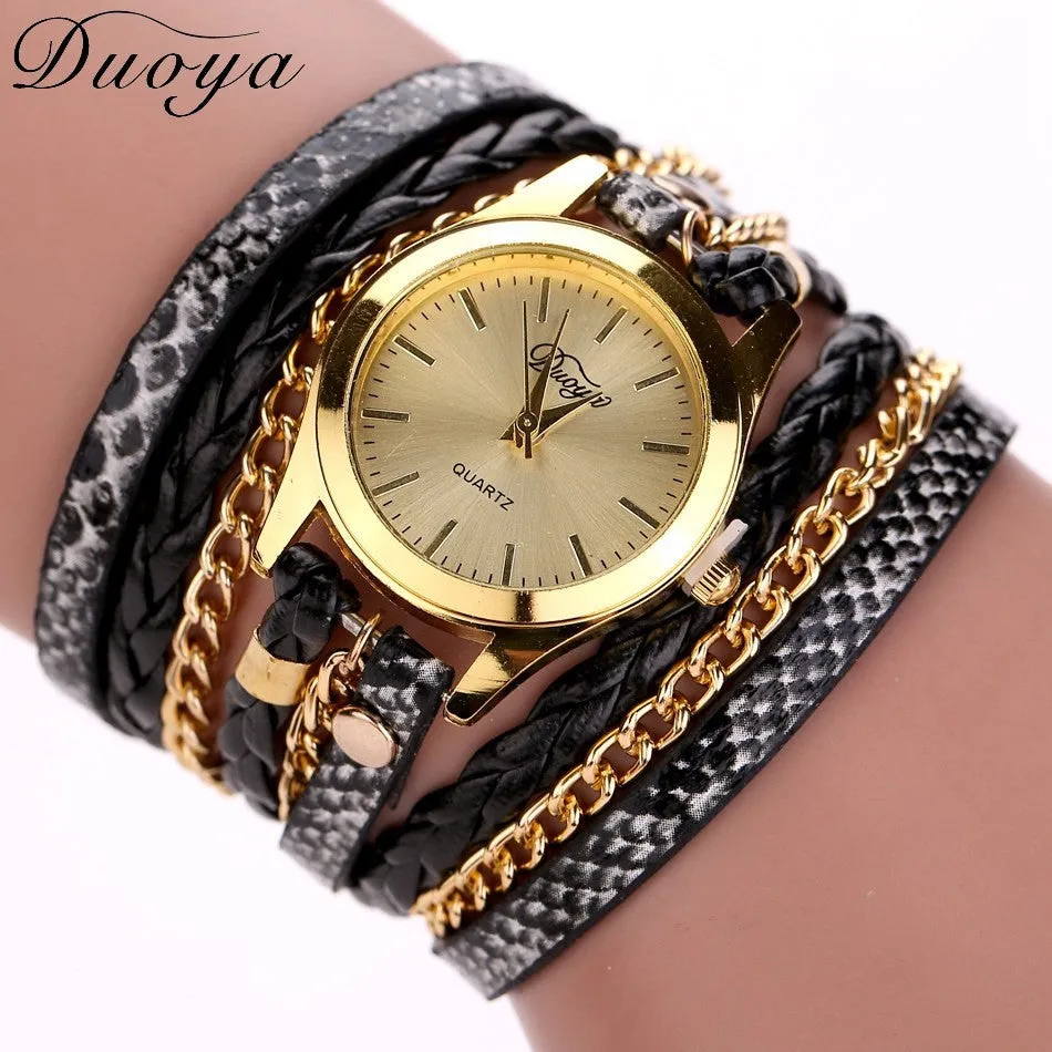 Women's Casual Vintage Multilayer Wristwatch Weave Wrap Rivet Leather Bracelet Wrist Watch