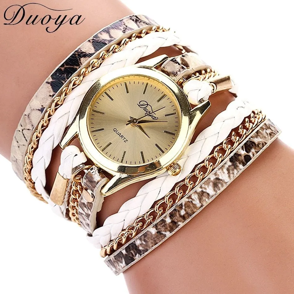 Women's Casual Vintage Multilayer Wristwatch Weave Wrap Rivet Leather Bracelet Wrist Watch