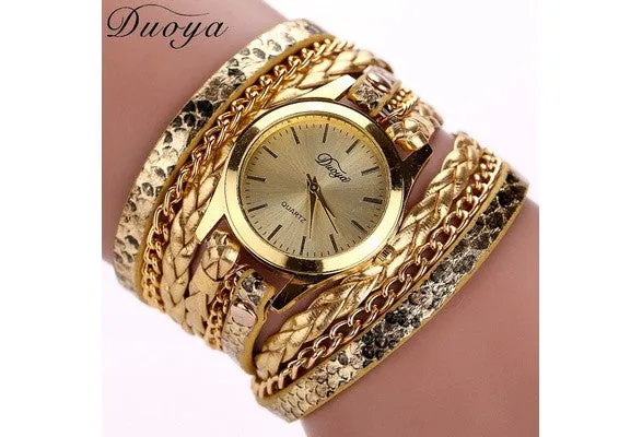 Women's Casual Vintage Multilayer Wristwatch Weave Wrap Rivet Leather Bracelet Wrist Watch