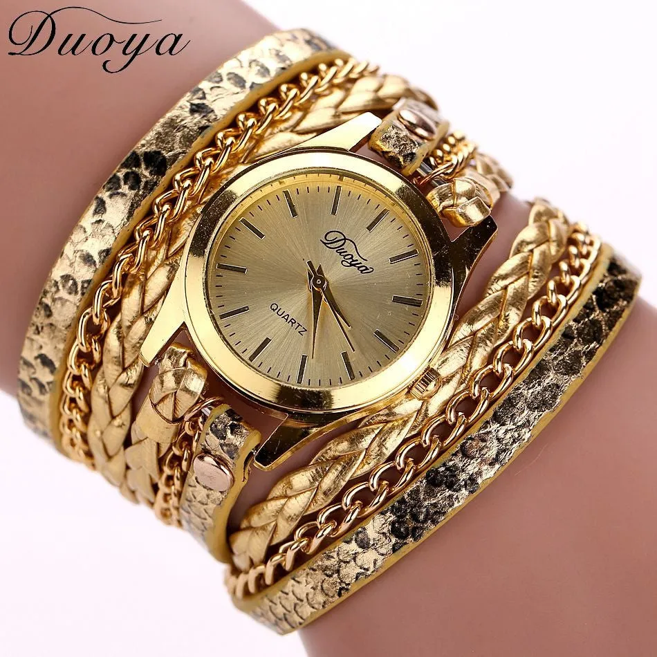 Women's Casual Vintage Multilayer Wristwatch Weave Wrap Rivet Leather Bracelet Wrist Watch