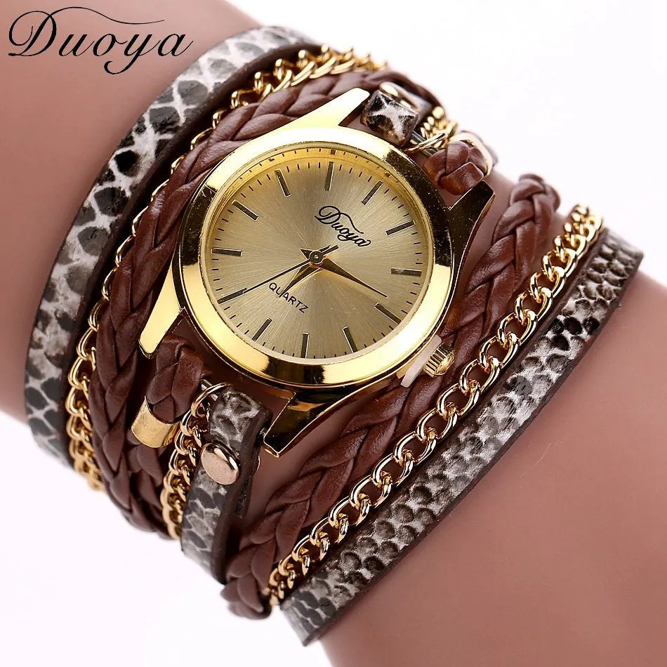 Women's Casual Vintage Multilayer Wristwatch Weave Wrap Rivet Leather Bracelet Wrist Watch