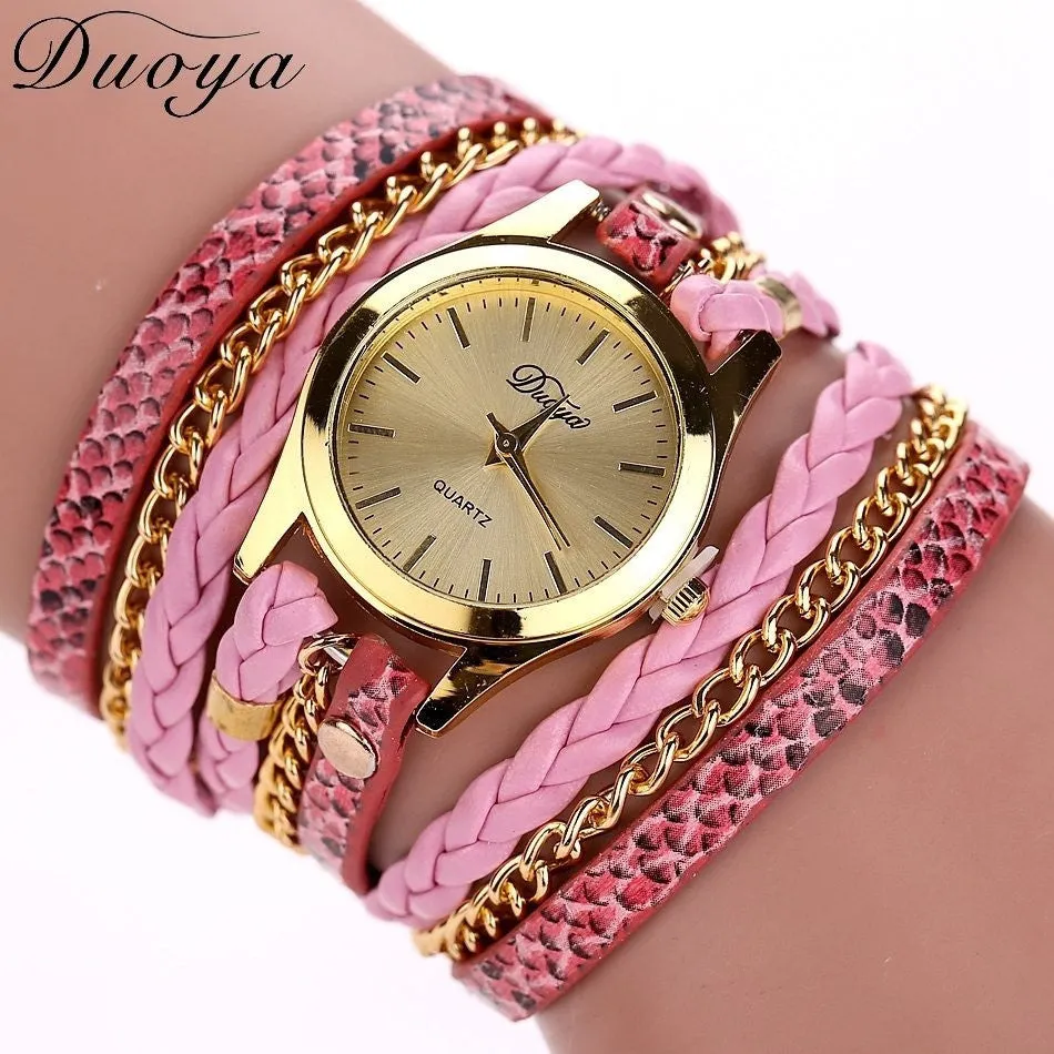 Women's Casual Vintage Multilayer Wristwatch Weave Wrap Rivet Leather Bracelet Wrist Watch