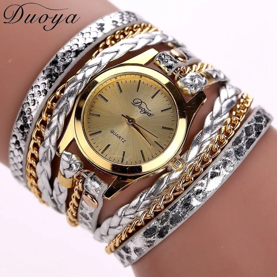 Women's Casual Vintage Multilayer Wristwatch Weave Wrap Rivet Leather Bracelet Wrist Watch