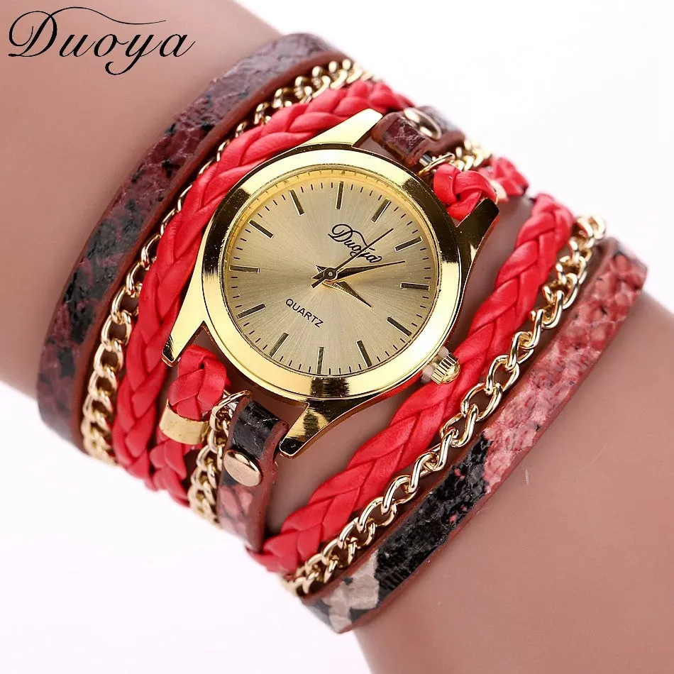 Women's Casual Vintage Multilayer Wristwatch Weave Wrap Rivet Leather Bracelet Wrist Watch